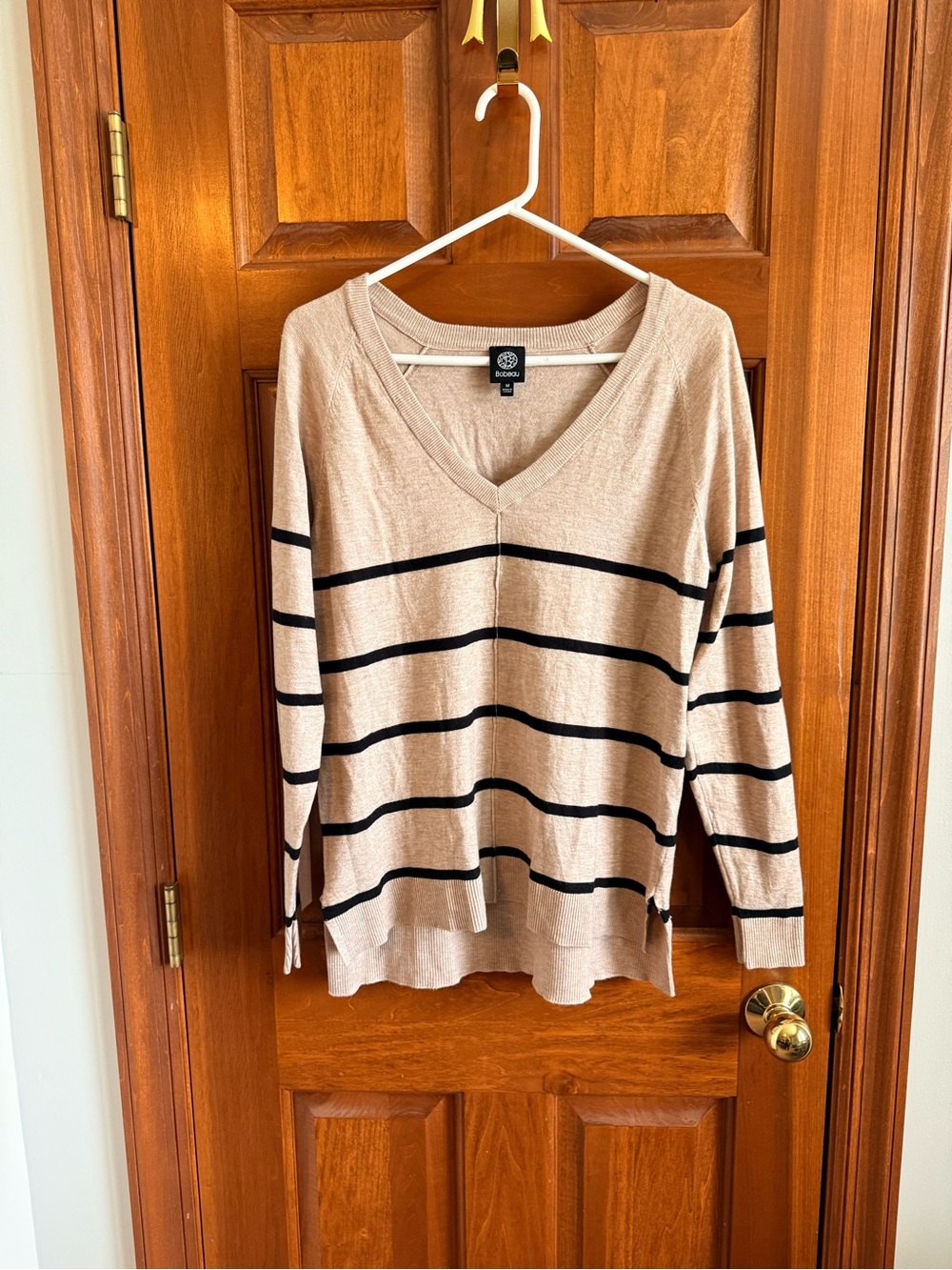 Bobeau Striped V-Neck Oversized Sweater Beige Black Size M